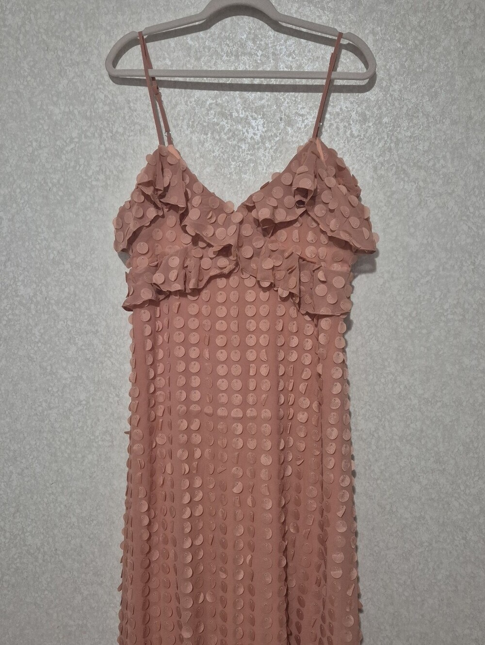 ROSEVELVET Spaghetti-Strap Dusty Rose Maxi Dress-Textured Polka Motif-Size:L - Picture 3 of 13